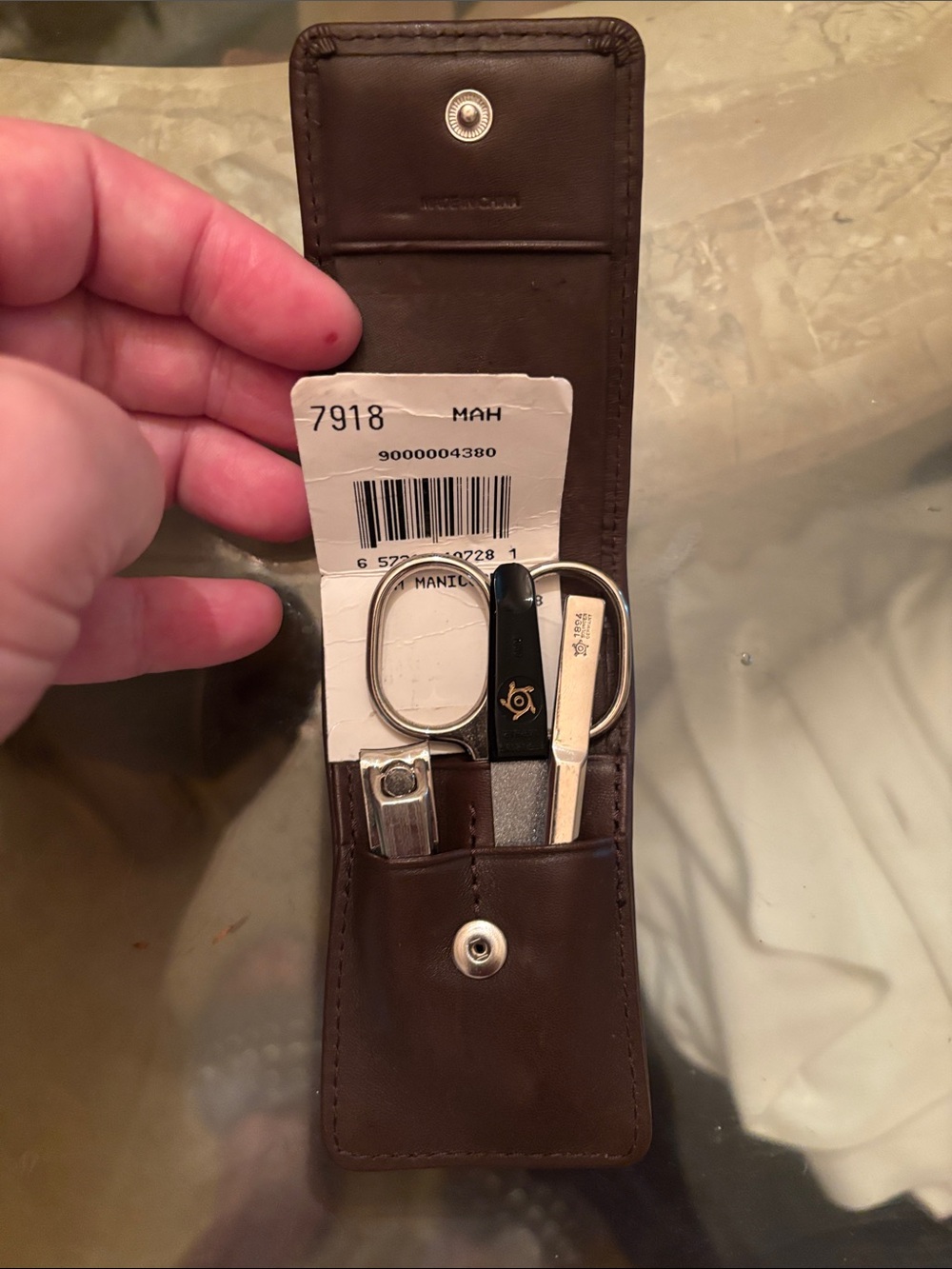 Coach Dark Brown Leather Manicure Set with Embossed Logo